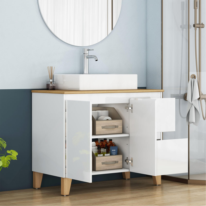 Ensemble de lavabo 36 po, 2 portes et 2 grands tiroirs, système à clous doux, conception sans poignée, plateau et pieds en bois massif naturel, lavabo carré en céramique sur le comptoir, blanc brillant