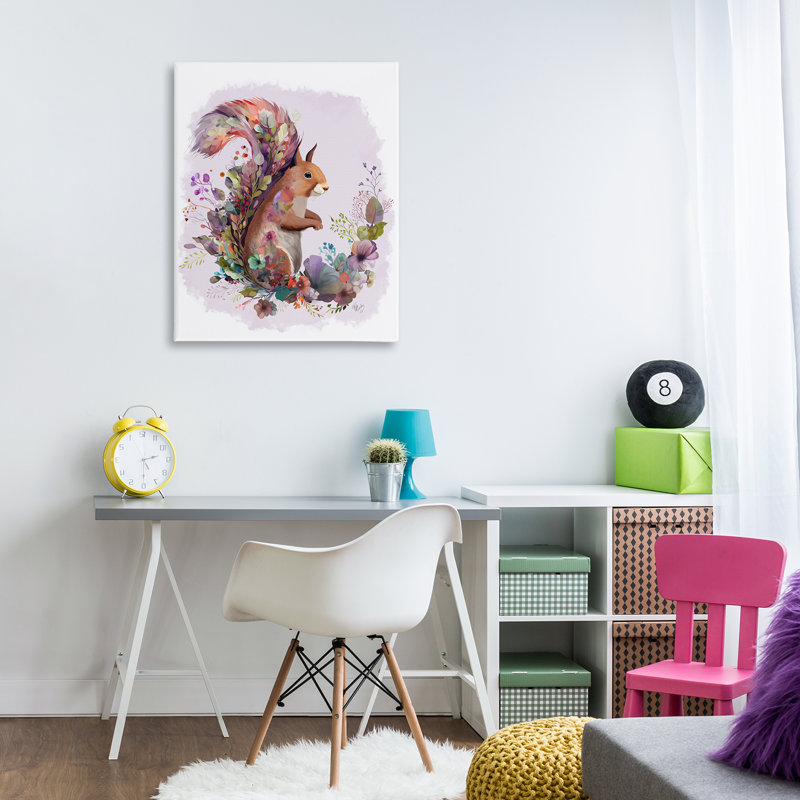 Art mural sur toile écureuil et guirlande florale par Fab Funky, H 20 po x l 16 po