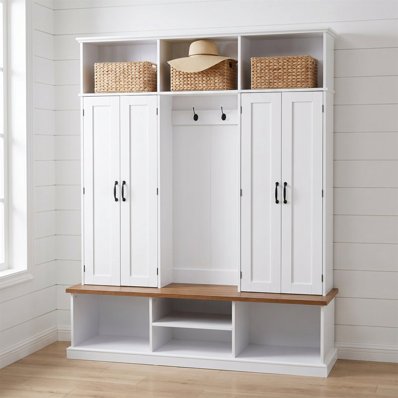 62.2-inch Coat Rack With Hooks And Cabinet Doors, Suitable For Entryways, Hallways, And Living Rooms, White