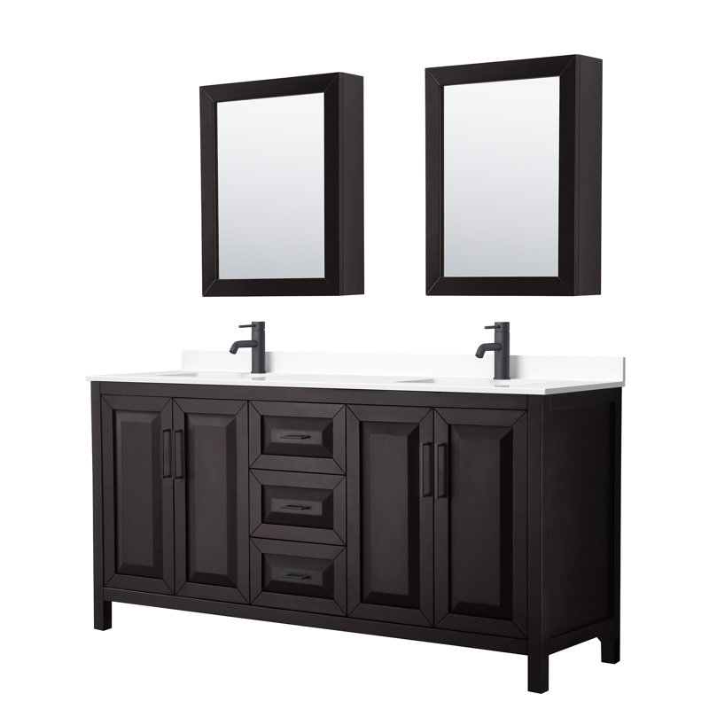 Daria 72'' W Double Vanity, Dark Espresso, White Cultured Marble, Matte Black