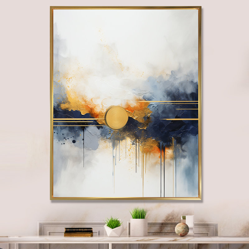 «Blue and Yellow Fluid Harmony», peinture III - art mural abstrait, Cadre flottant doré, 32" H x 16" W