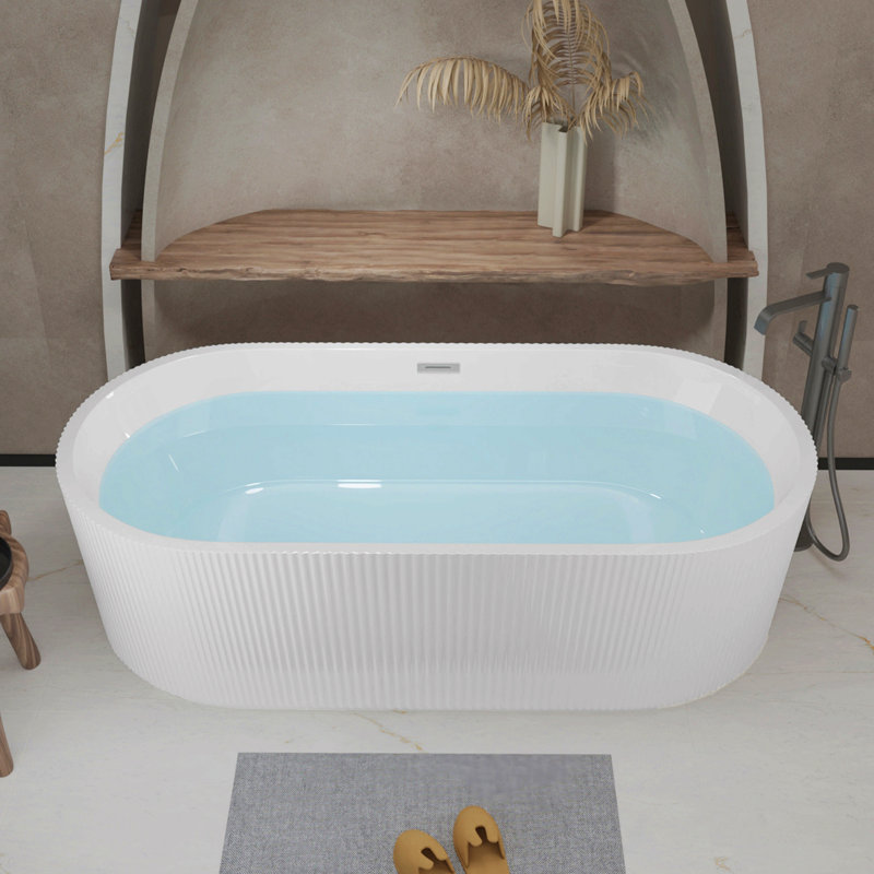 59"Linear Acrylicfreestanding Bathtub Stand Alone Soaker Tub, Glossy White Acrylic, Pop-Up Chrome Drain, Cupc Certified