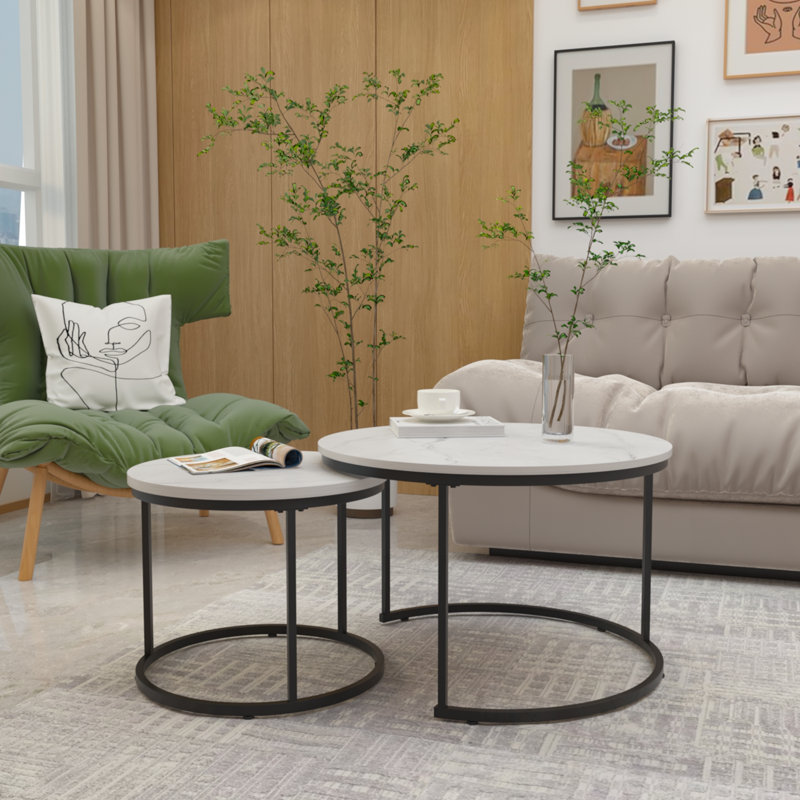 Nesting Coffee Table Set Of 2 With Marble Pattern Top And Sturdy Metal Frame,  For Small Spaces And Modern Decor, White