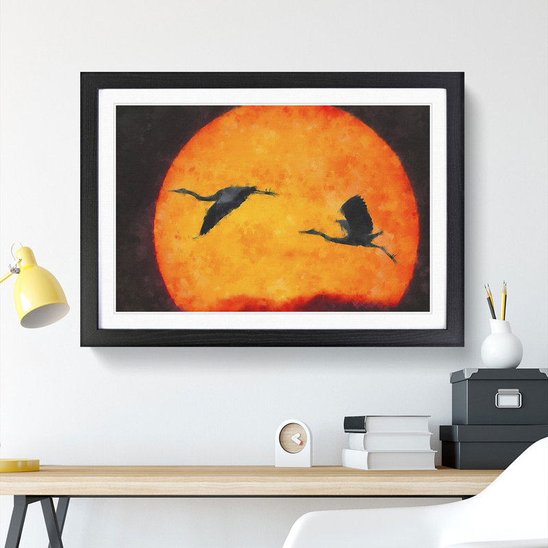 Two Heron Birds in Flight - Picture Frame Graphic Art Print, 62cm H x 87cm W x 2cm D, Black Framed