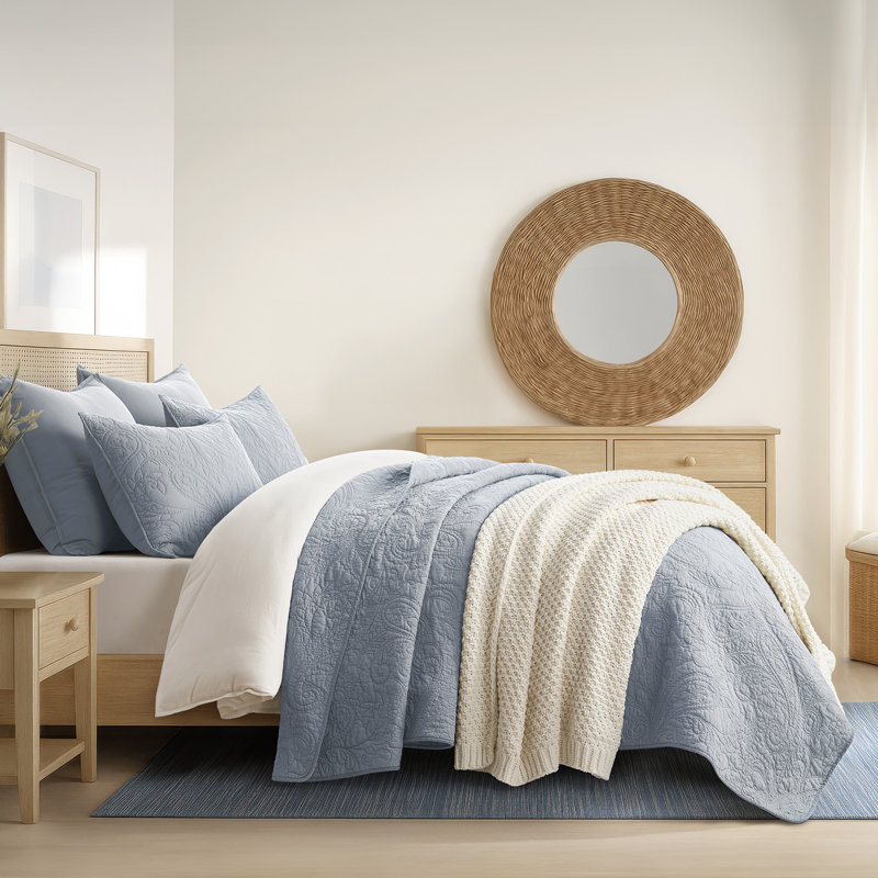 Paisley 100% Cotton Quilt Set 3 Pieces, Pearl Blue, King Quilt + 2 King Shams