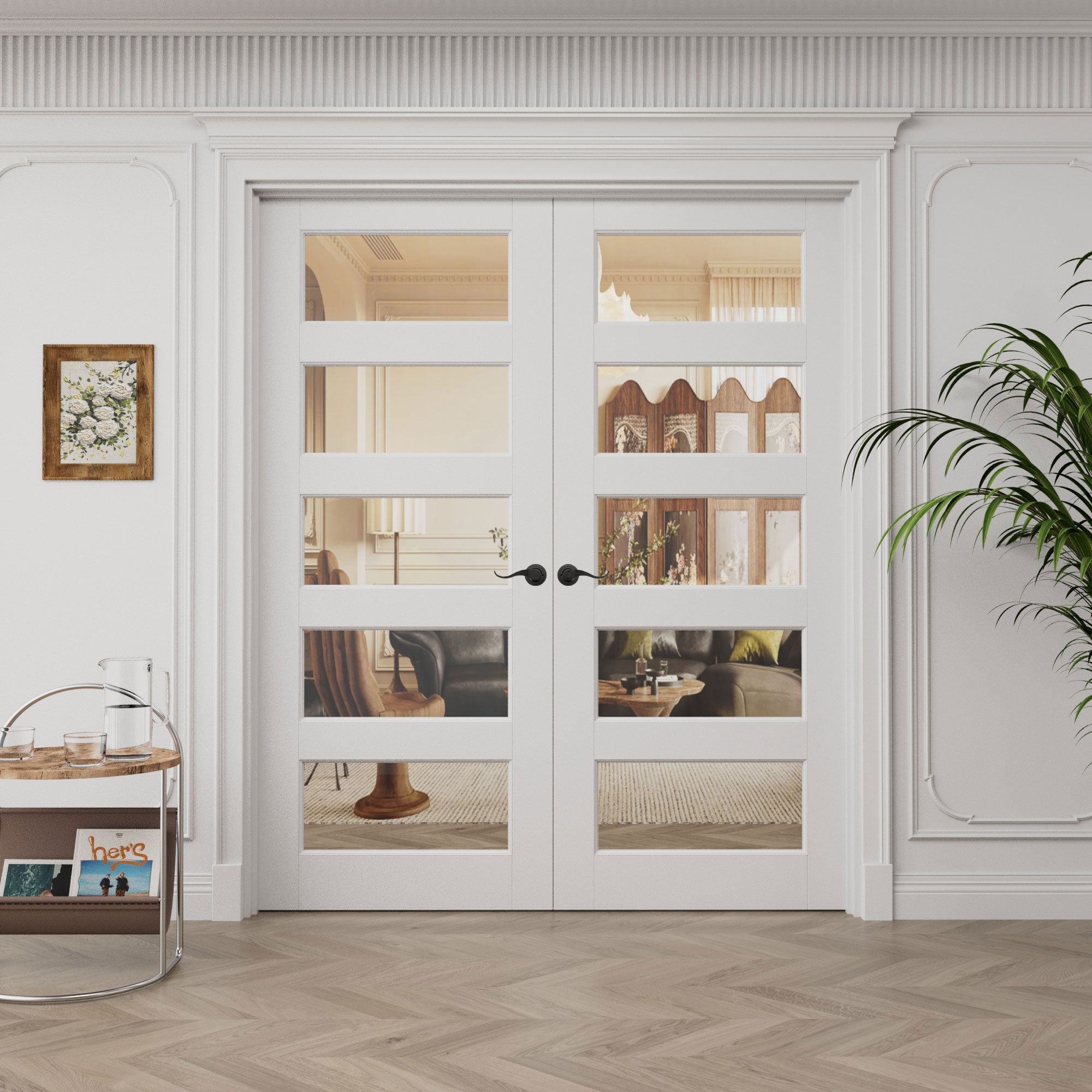 Win Stellar 5 Lite Clear Glass French Doors Interior White Primed Solid