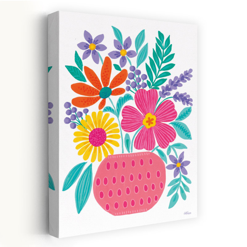 Fleurs roses en pot - Art populaire campagnard moderne, peinture florale, fleurs vives, style bohème, H 60 po x l 40 po