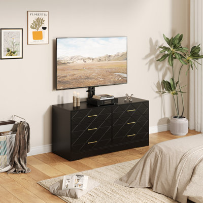6 Drawer White Dresser Chest of Drawers with Diamond Textured Front & Gold Handles, Wide Long Storage Dresser Double Cabinet, Modern TV Dresser Combo for Bedroom