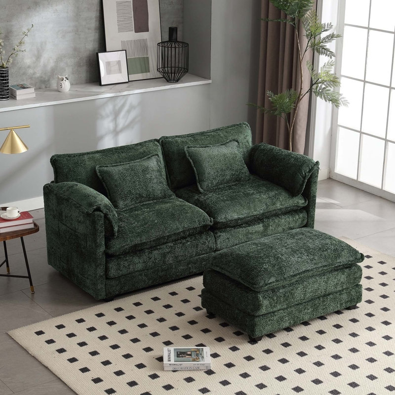 76.77" Chenille Loveseat With Ottoman, Green Chenille