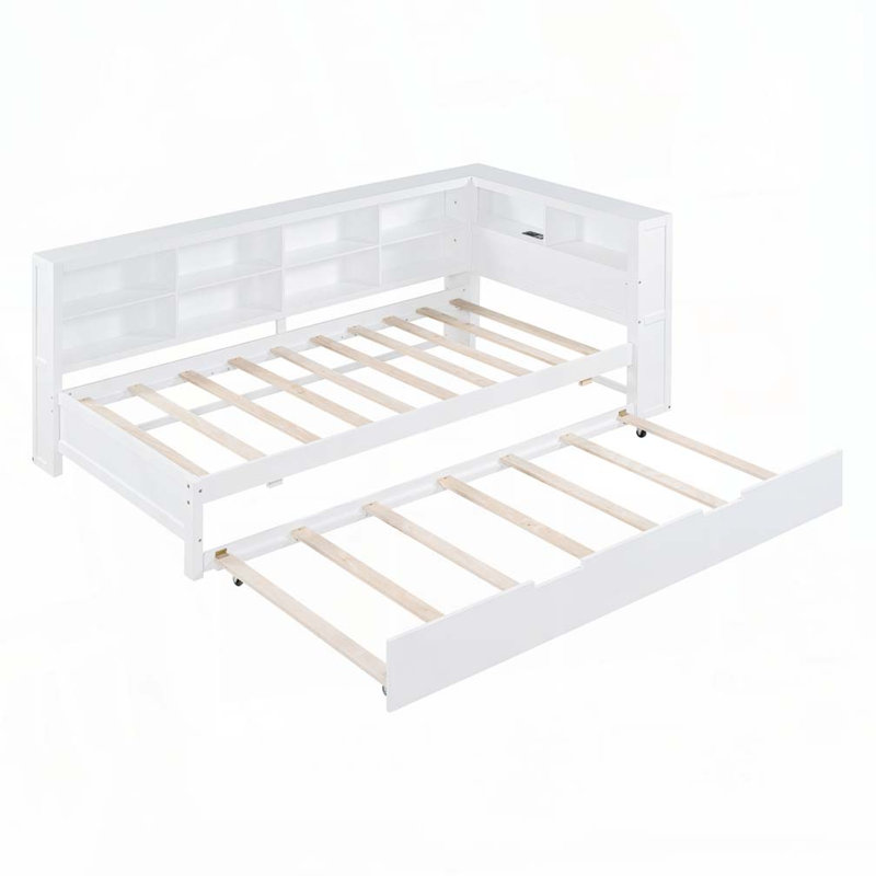 Wooden Storage Daybed with Trundle,Shelf and USB Charging Ports, Twin, White