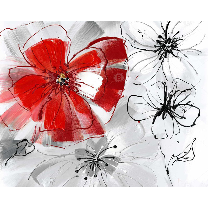Red And Gray Flowers Print On Canvas, H 48 po x l 60 po