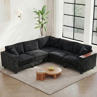 97" Modern L-Shaped Corduroy Sectional Sofa with Armrest Storage