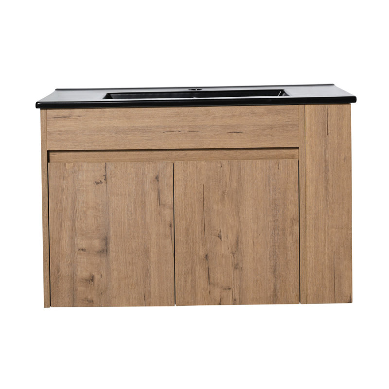 Meuble-lavabo de 30 po avec lavabo en céramique noire et tablette ouverte réglable - compacte, à finition grattée et à l'eau, tiroir spacieux contemporain de 30 po, à la lumière du soleil