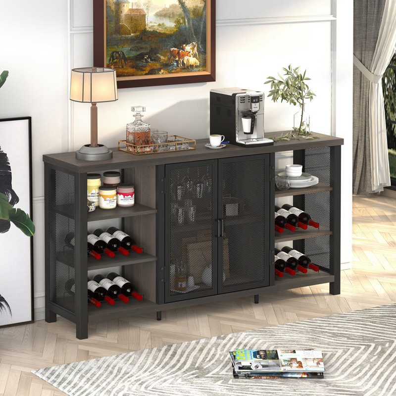 Walnut Brown 55" Industrial Wood and Metal Wine Bar Cabinet