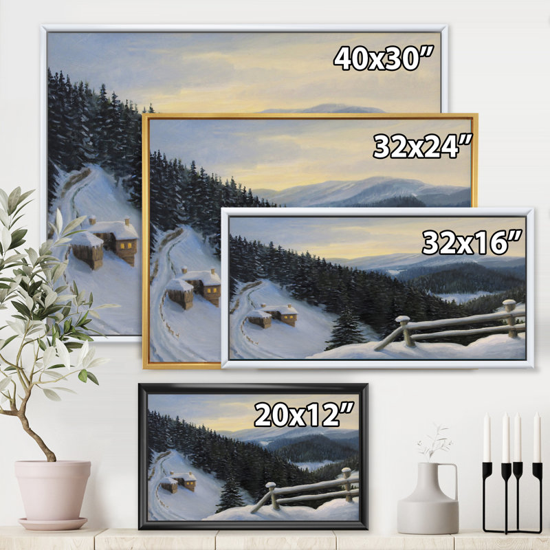 Vue sur les sommets enneigés - Peinture sur toile, H 16 po x l 32 po x p 1 po, Cadre flottant noir