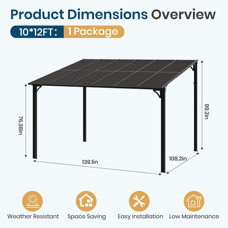 10' X 12' Wall-Mounted Gazebo With Polycarbonate Roof Panels And Aluminum Frame, Lean-To Patio Cover For Backyard Or Porch
