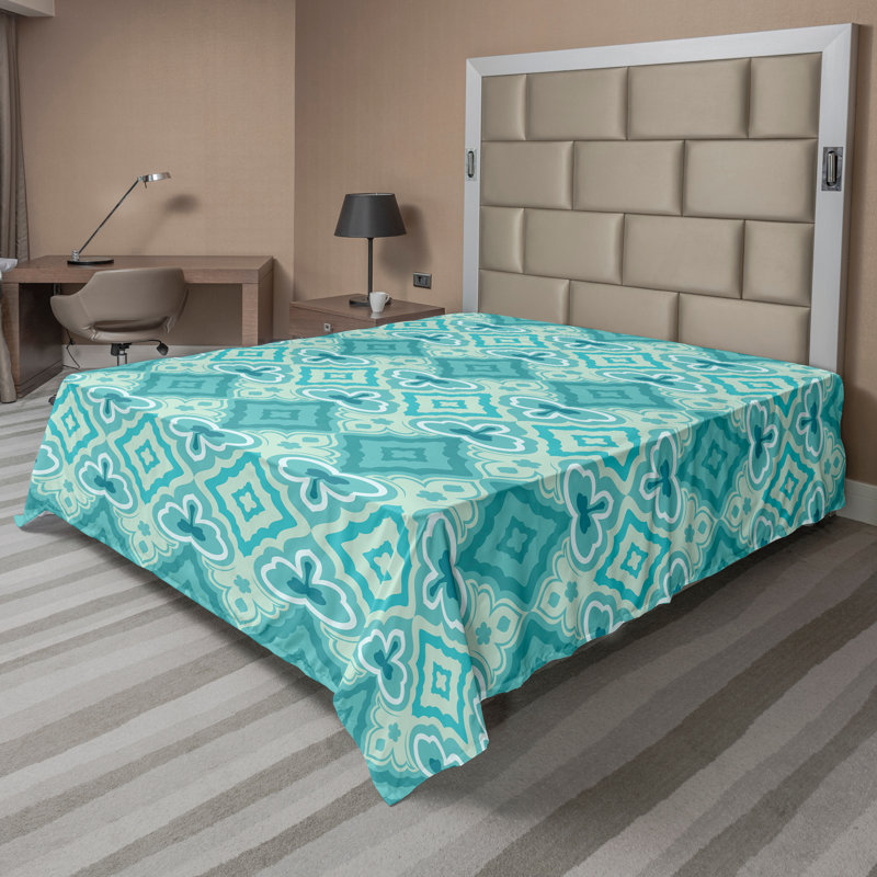 Ambesonne Nature Top Flat Sheet Glisten Fish Sunlight King Blue Purple White, Bleu sarcelle / motif géométrique beige