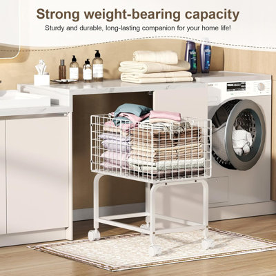 Panier à linge roulant, panier à linge roulant en fil métallique de 80 L avec poignée de traction, chariot à linge haut blanc pour buanderie, salle de bain, chambre - Blanc (23,6 * 15,75 * 28 pouces)