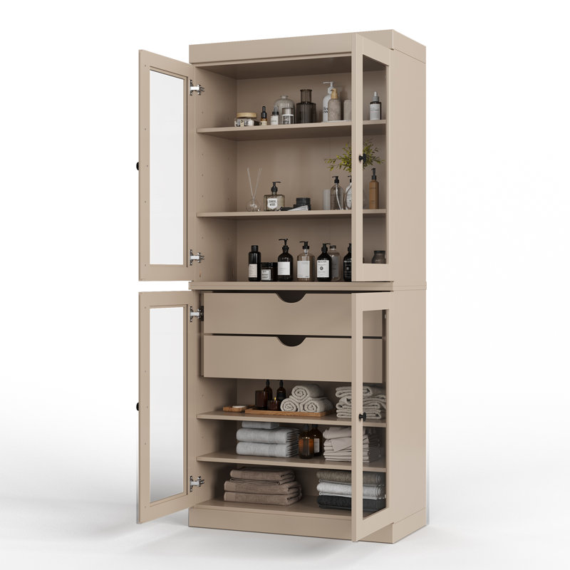 Armoire de rangement autoportante en bois massif l 32 po x H 71,5 po avec portes en verre transparent, 2 tiroirs et tablettes réglables - Organisateur de salle de bain moderne