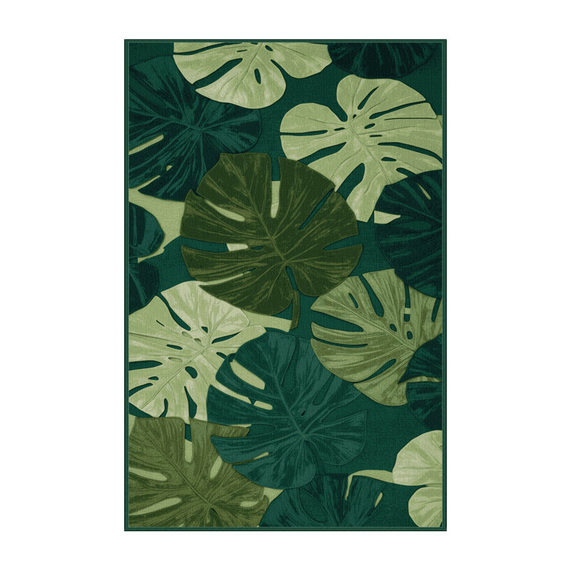 Machine Washable Botanical Green Area Rug, Rectangle 2' x 3'