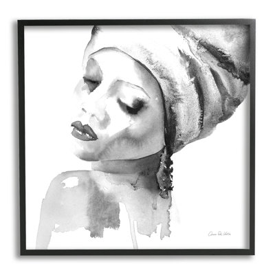 " Woman With Headwrap Tranquil Black White Watercolor Portrait " Painting Print