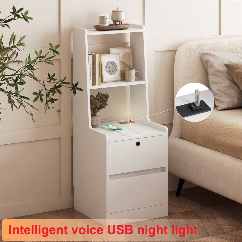 Table de chevet avec station de charge, table de chevet intelligente avec veilleuse, table de chevet moderne avec bibliothèque, tables de chevet avec armoire de rangement pour la chambre à coucher