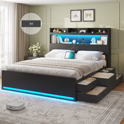 Queen Bed Frame With Charging Station & Led Lights, Metal Platform Bed With Bookcase Headboard & 5 Storage Drawers, Queen Size Storage Beds With Heavy Duty Slats, No Box Spring Needed, Black