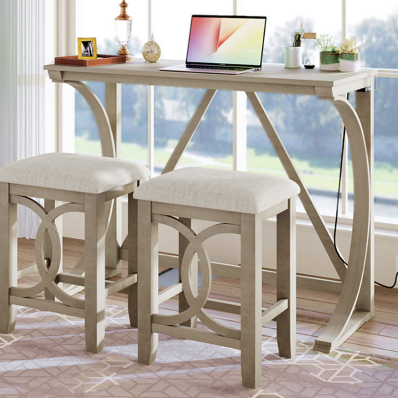 Ensemble de table de salle à manger à hauteur de comptoir 3 pièces Farmhouse avec port USB et tabourets rembourrés, parfait pour les petits espaces et le confort moderne