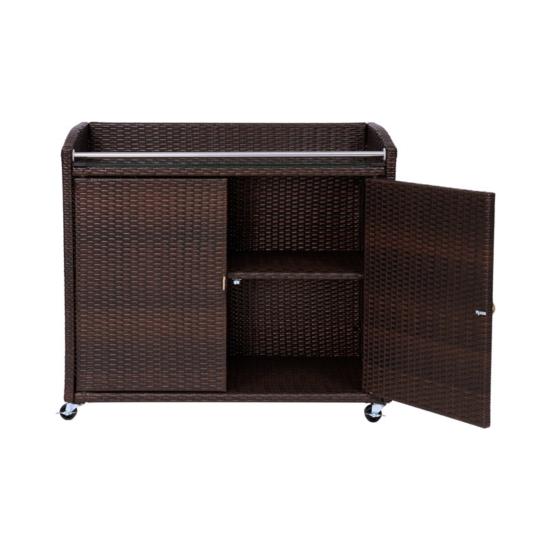 Outdoor Portable PE Rattan Serving Rolling Bar Cart with Storage Shelves, Glass Top, and Locking Wheels
