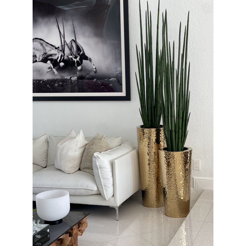 Faux Snake Plant (Sansevieria) Plant in Metal Planter, Goldtone Hammered