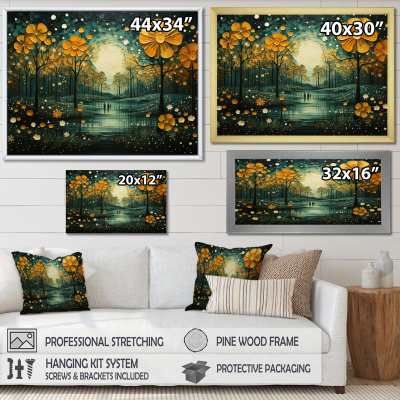 «Yellow Green Plants Enchanted Forest IV», reproduction d'art sur toile, H 30 po x l 40 po x P 1,5 po, Cadre flottant blanc