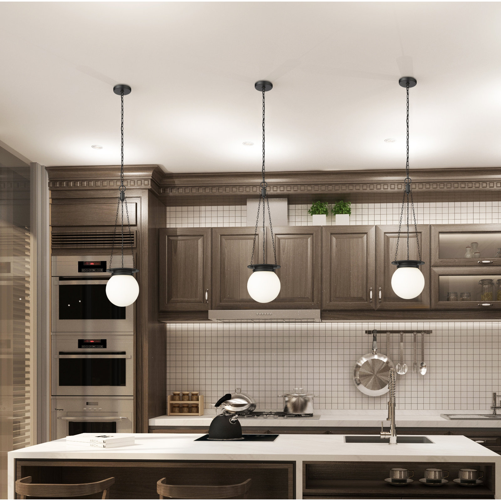 Zella Single Light Glass Dimmable Pendant, 82.75" H x 9" W x 9" D, White, Matte Black