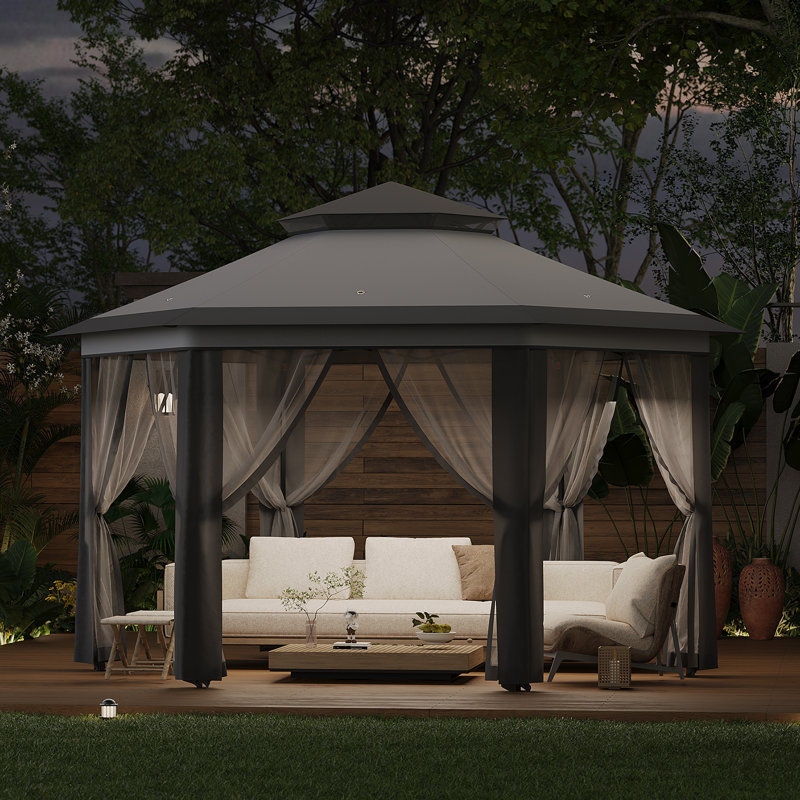 13' Pop Up Gazebo, Hexagonal Canopy Shelter with 6 Zippered Mesh Netting, Event Tent with Strong Steel Frame, Gray