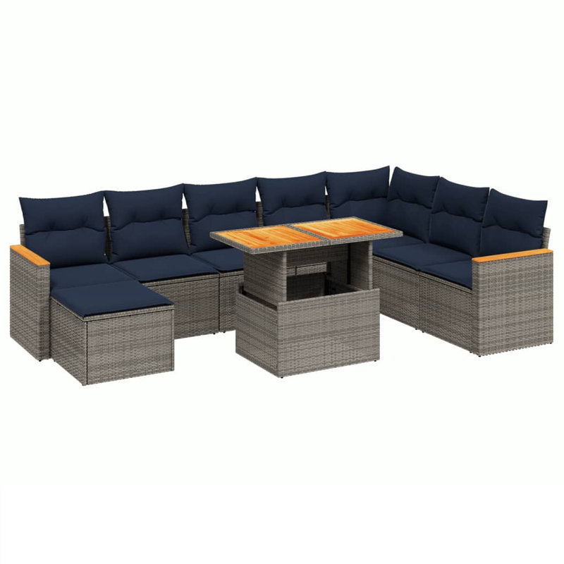  Ensemble de canapé de patio 9 pièces avec coussins en rotin de polyester, Gris, Bleu