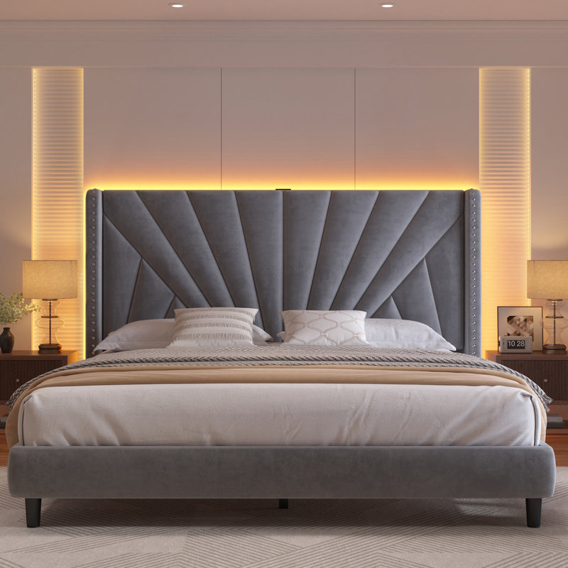 Bed Frame With 51"High Velvet Upholstered  Wingback Headboard, Platform Bed With Charging Station And Led Lights, King, Gray