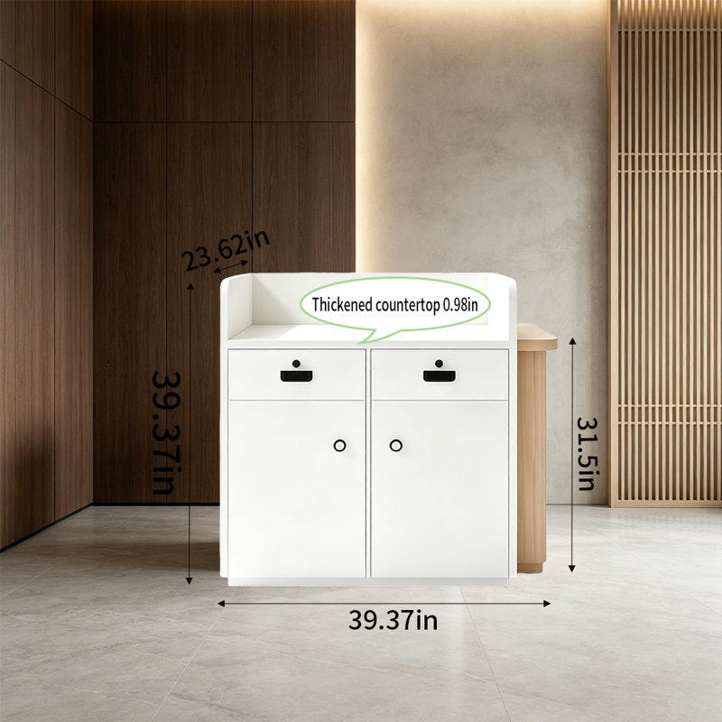 Bureau de réception et de réception peu encombrant avec rangement verrouillable sécuritaire et système de glissières silencieuses, bord en forme d'arc pour la sécurité, utilisation polyvalente dans les magasins, les cabinets ou les kiosques d'événements