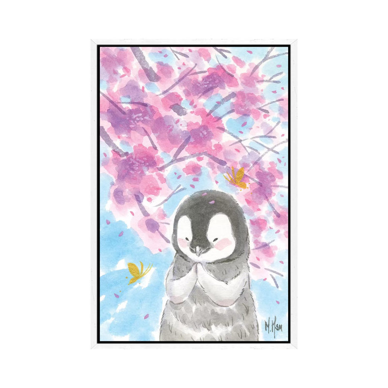 Cherry Blossom Penguin by Martin Hsu - Painting on Canvas, White Framed, 152.5 cm H x 101.5 cm W