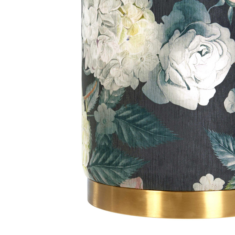 Fresno 16" Wide Velvet Round Standard Ottoman, Navy Floral Velvet, Gold