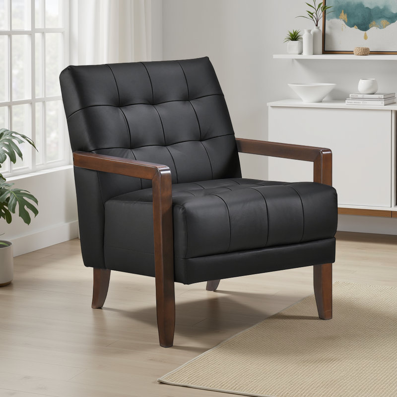 Velsen 26" Mid-Century Modern Accent Chair with Top Grain Leather, Solid Wood Arms, High-Density Foam over Pocket Coils