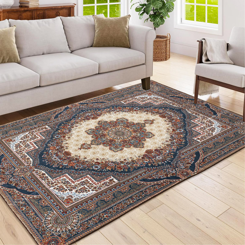 Area Rug Vintage Bohemia Large Persian Non-Slip Washable Rug For Living Room Kitchen Bedroom Living Room Flower Design Reddish Brown