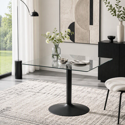 38.5" Square Glass Dining Table with Single-Column Base