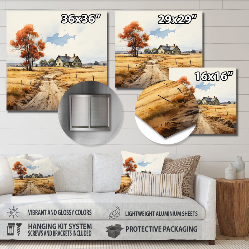 Maison de campagne en automne Wheatfield II - paysage, art mural, Métal métal, H 16 po x l 16 po x P 1 po