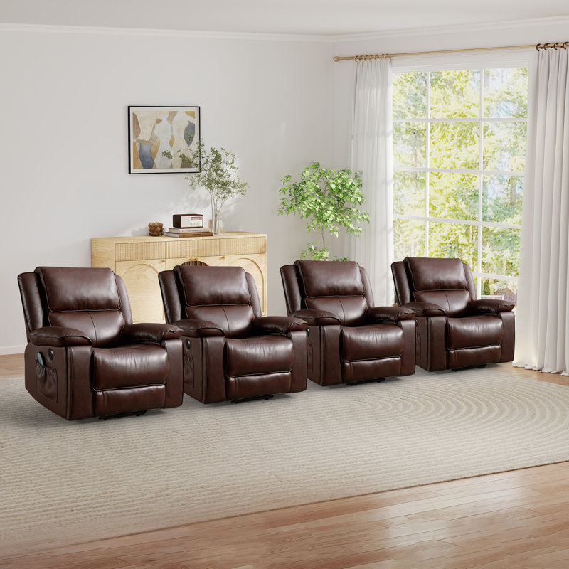 Fauteuil inclinable électrique en cuir véritable de 38,2 po de largeur avec massage chauffant, porte-gobelet dissimulé et port USB (ensemble de 4)