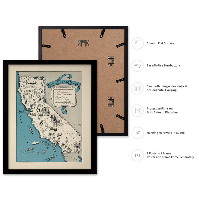 Carte illustrée de la Californie, H 16 po x l 20 po, Affiche, Cadre noir
