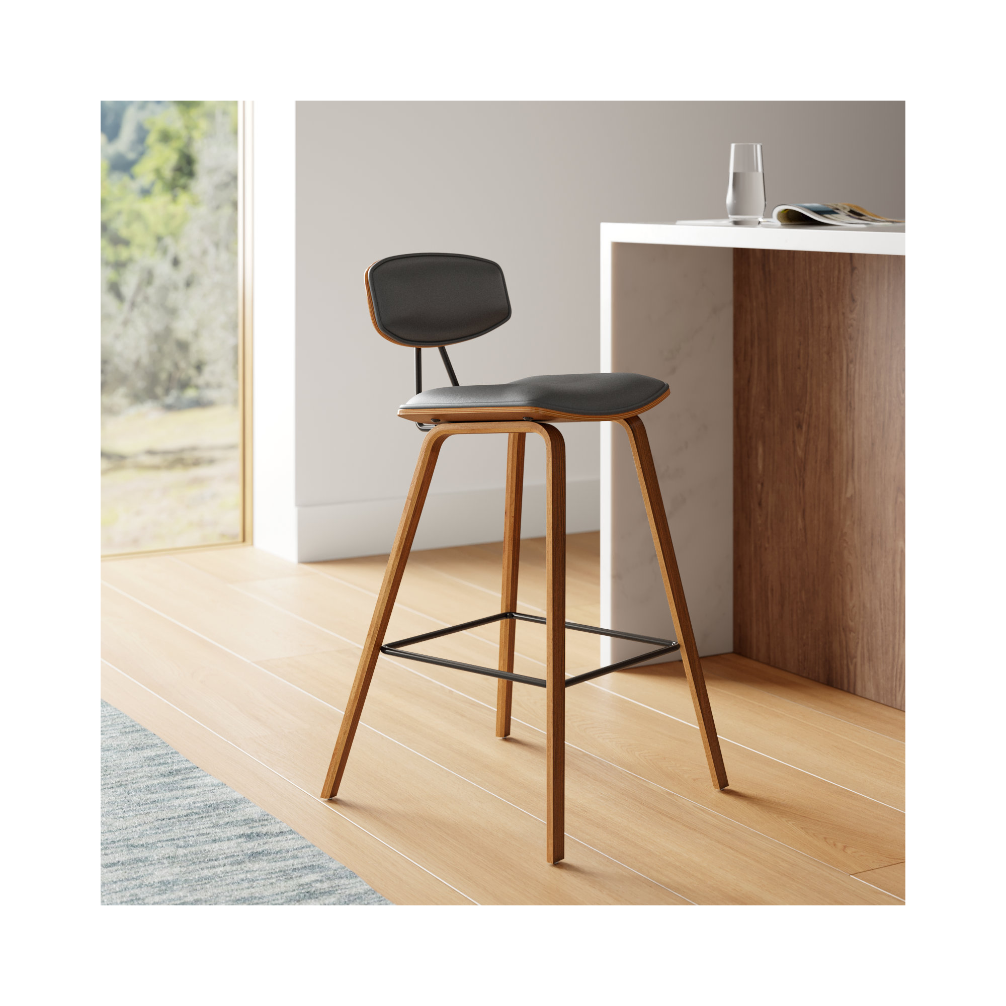 Payton Vegan Leather Bar & Counter Stool, Walnut, Counter Stool (26" Seat Height), Gray Faux Leather
