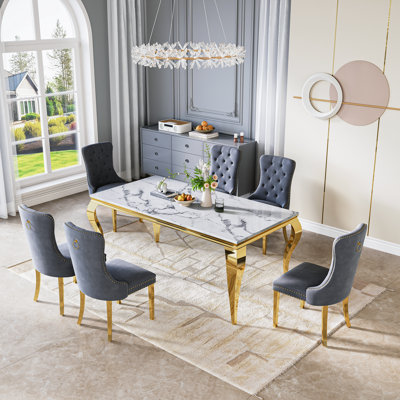 7-Piece Rectangular Marble Dining Set, Modern 70" Faux Marble Table With Velvet Tufted Nailhead Chairs