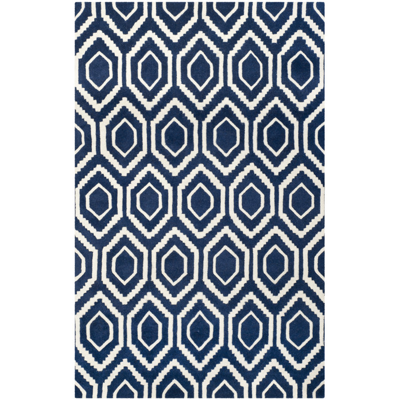 Tapis bleu foncé / ivoire en laine touffeté à la main Deedie, Rectangle 8 pi x 10 pi