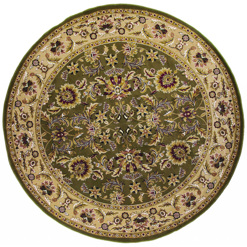 Tapis vert / taupe à motif floral Marnisha, Rond 7 pi 7 po