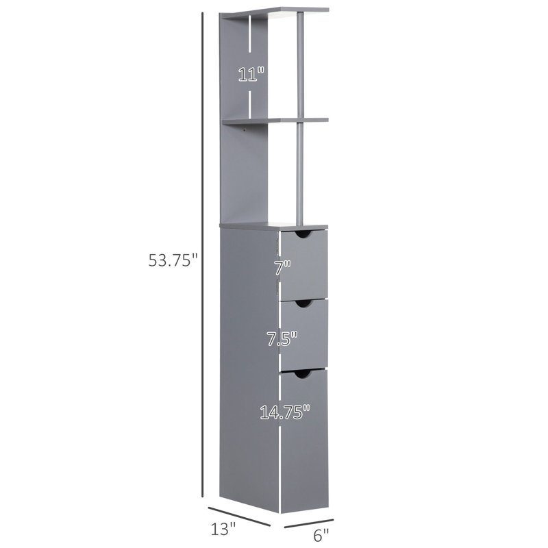 Rangement de salle de bain de 54 po de hauteur, gris. 2 tablettes et tiroirs pour beaucoup d'espace. Économisez de l'espace grâce à sa conception verticale. Cadre en bois massif. Fixation murale de sécurité supplémentaire. Serviettes en lin. L 6 po x l 13 po x H 53,75 po.
