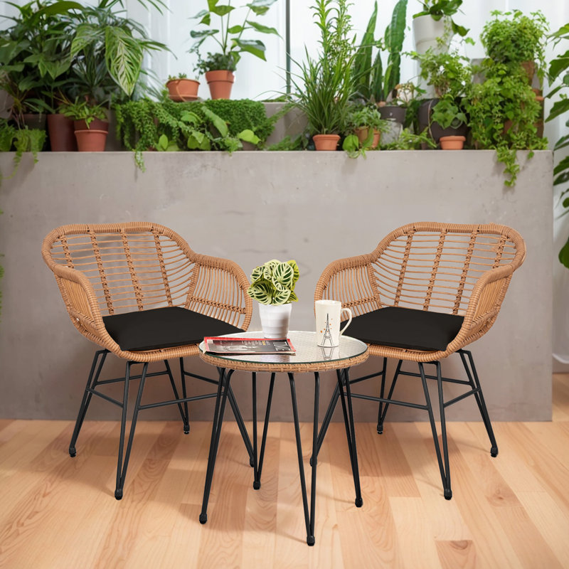 Virgie 2 - Person Patio Conversation Set with Cushions, Black, Natural/Black